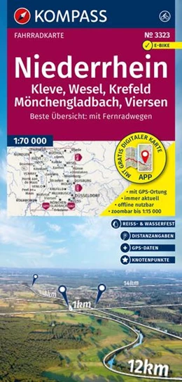 Abbildung von KOMPASS Fahrradkarte 3323 Niederrhein, Kleve, Wesel, Krefeld, Mönchengladbach, Viersen mit Knotenpunkten 1:70.000 | 2. Auflage | 2026 | beck-shop.de
