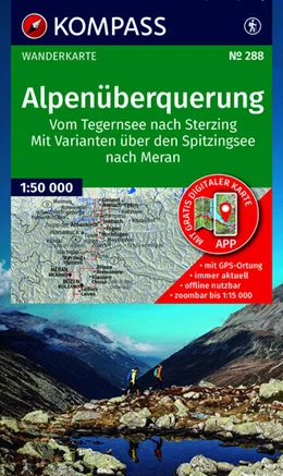 Abbildung von KOMPASS Wanderkarte 288 Alpenüberquerung, vom Tegernsee nach Sterzing, mit Varianten über den Spitzingsee nach Meran 1:50.000 | 1. Auflage | 2026 | beck-shop.de