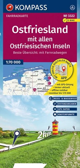Abbildung von KOMPASS Fahrradkarte 3322 Ostfriesland mit allen Ostfriesischen Inseln mit Knotenpunkten 1:70.000 | 3. Auflage | 2026 | beck-shop.de